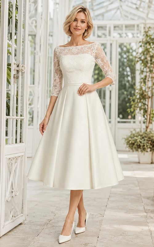 Romantic Civil Satin A Line Bateau Three Quarter Lace Sleeve Tea Wedding Dress
