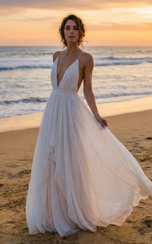 Simple Chiffon Sheath Wedding Dress with Deep V