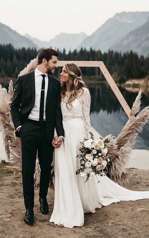 Two Piece Long Sleeve Chiffon Pleated Lace Sweep Train Wedding Dress