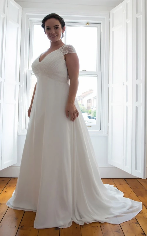 Short-Sleeve Rhinestone Long A-Line Sweep-Train Gown