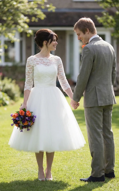Knee-Length Lace Wedding Dress with Low-V Back