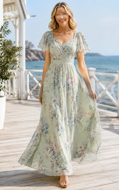 celadon Floral Flutter Sleeve Beach Chiffon Maxi Dress
