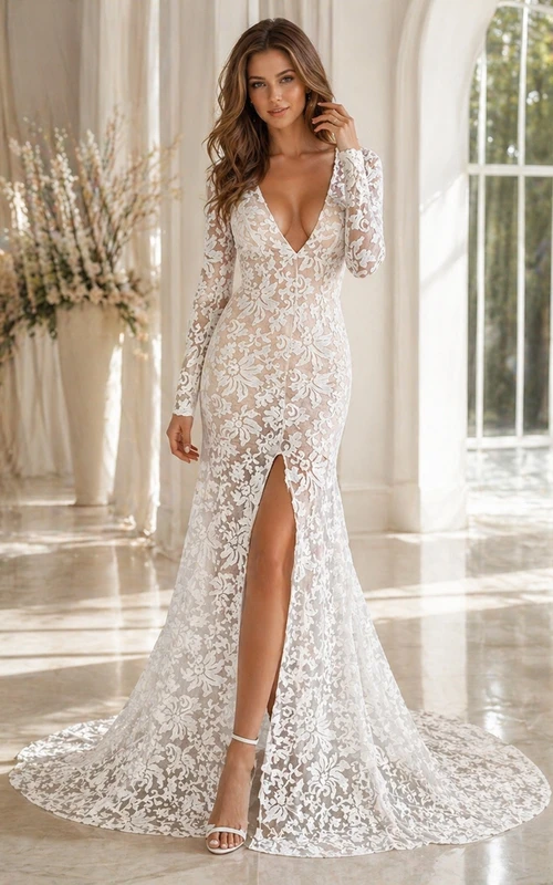 Mermaid Front-Slit Long Sleeve Lace Modern Dress