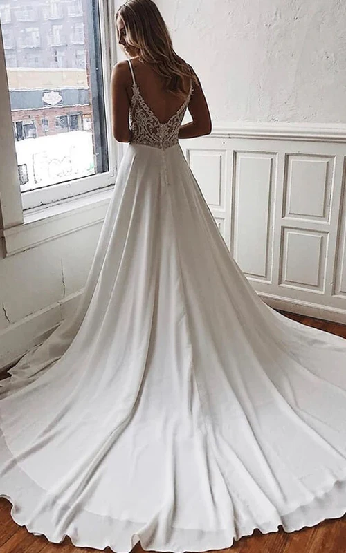 Spaghetti Plunged Sleeveless Empire Chiffon Court Train Wedding Dress with ldb