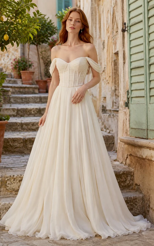 Romantic Off-Shoulder Corset Chiffon Italian Village Elopement Dress