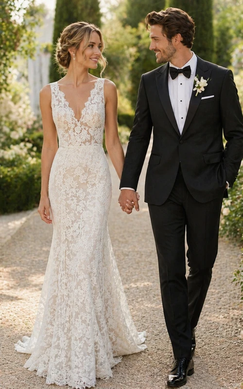 Casual Keyhole Back Lace Sheath Sweep Train Wedding Dress with Bow