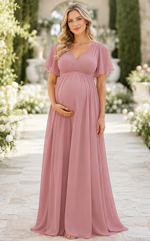 Maternity Dusty Rose V-Neck Flutter Sleeve Chiffon Empire Floor-Length Wedding Guest Dress