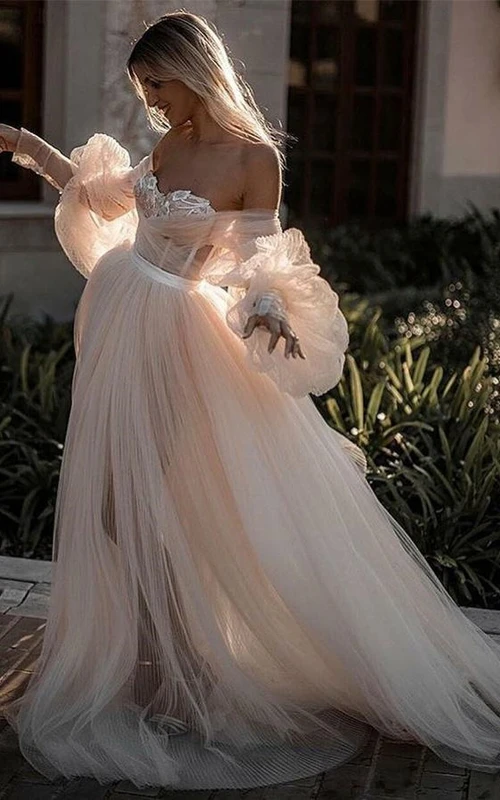 Sweetheart Off-the-shoulder Empire A-line Tulle Puff A-line Illusion Dress