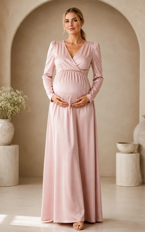 Blush Maternity Ruched V-neck Long Sleeve Chiffon Gown Dress