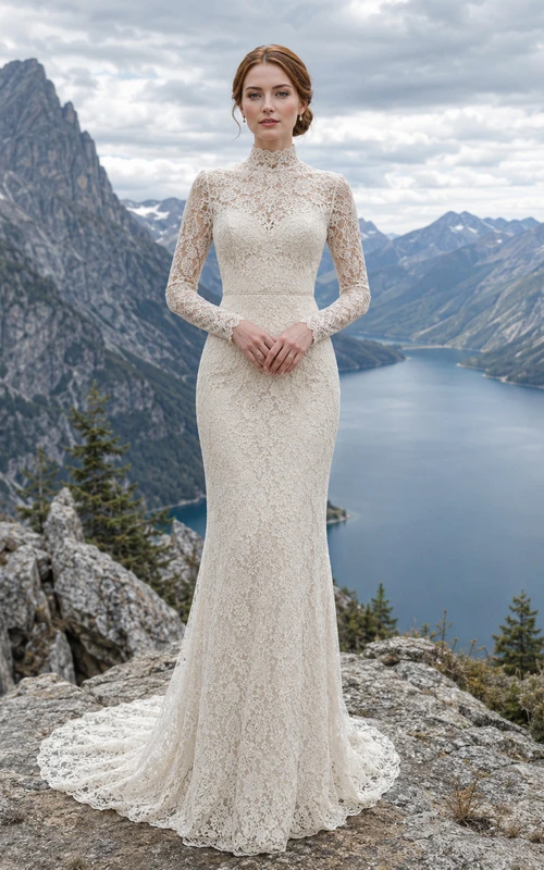 High Neck Long Sleeve Mermaid Lace Mountain Elopement Dress