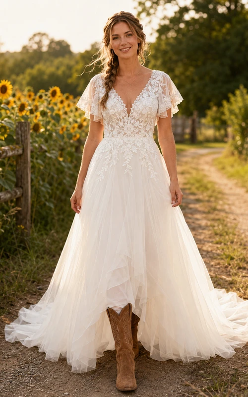 V-Neck Country Bridal Dress with Flutter Sleeves and Full Tulle Skirt Romantic Bohemian A-Line Lace Short Sleeve