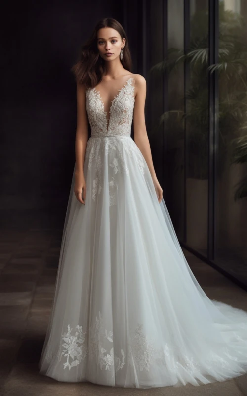 Empire Elegant V Neck Illusion Wedding Dress with Appliques