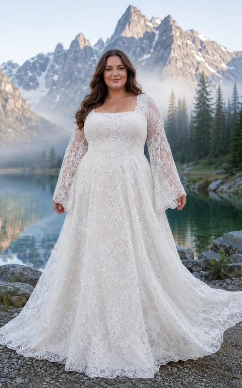 Plus Size Long Sleeve Lace A-Line Mountain Elopement Gown