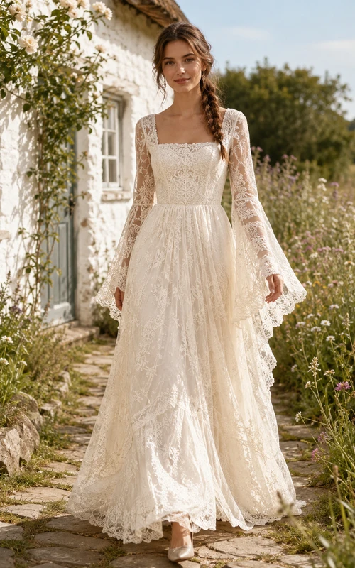 Square Neck Bell Sleeve Countryside Lace A-Line Bridal Gown
