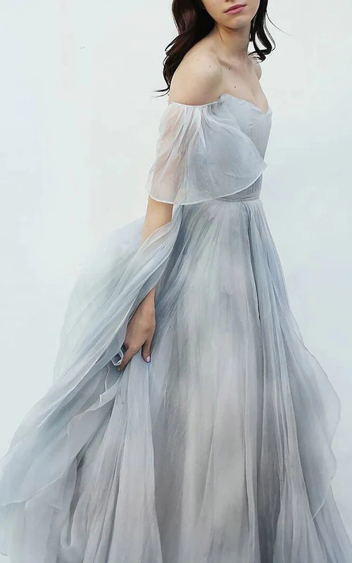 Blue Strapless Pleated Floor-length Draped Chiffon Dress