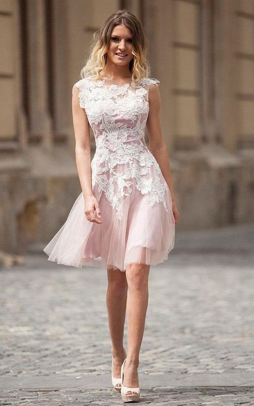 petite cocktail dresses for fall women's petite cocktail dresses Ladivine 9245 Elegant Embellished Tulle A-line Mini Dress Blush / L