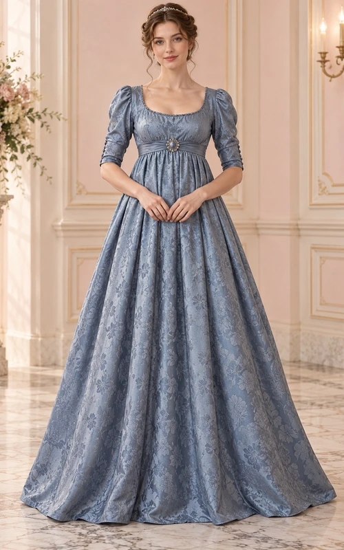 Regency-Ballkleid in Blau mit Rundhalsausschnitt, halben Ärmeln und floralem Jacquardmuster