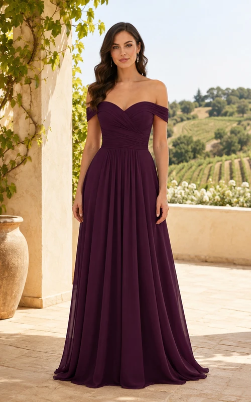Robe de demoiselle d'honneur longue en mousseline prune, coupe trapèze, épaules dénudées, décolleté cœur, manches courtes, plissée, fermeture éclair au dos