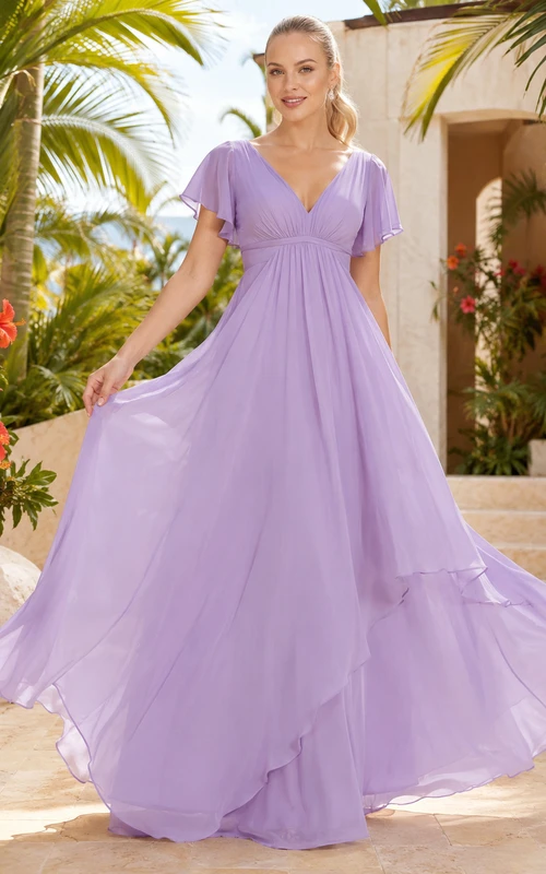 Lavender Island A-Line Chiffon Tulle Bridesmaid Dress with V-Neck Flutter Sleeve Bodice, Ruffled Floor-Length Skirt and Low V Back