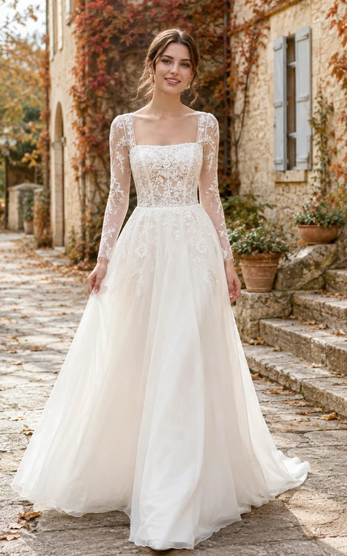 Autumn Countryside Square Neck Lace Sleeve A-Line Wedding Dress