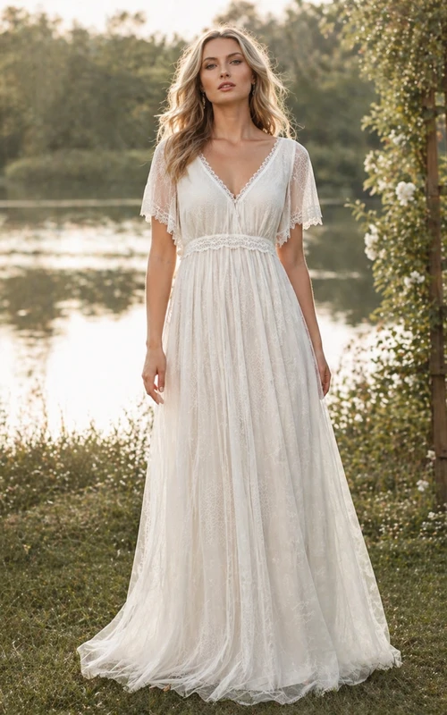 Empire Chiffon Outdoor Short-sleeve Pleated Boho Wedding Dress