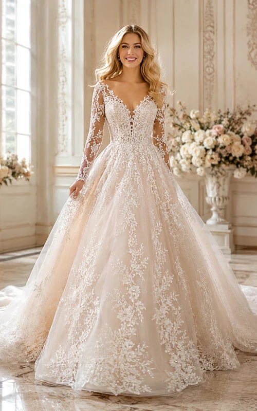 Romantic Floral Tulle Deep V Long Sheer Sleeve A-Line Floor Length Wedding Dress
