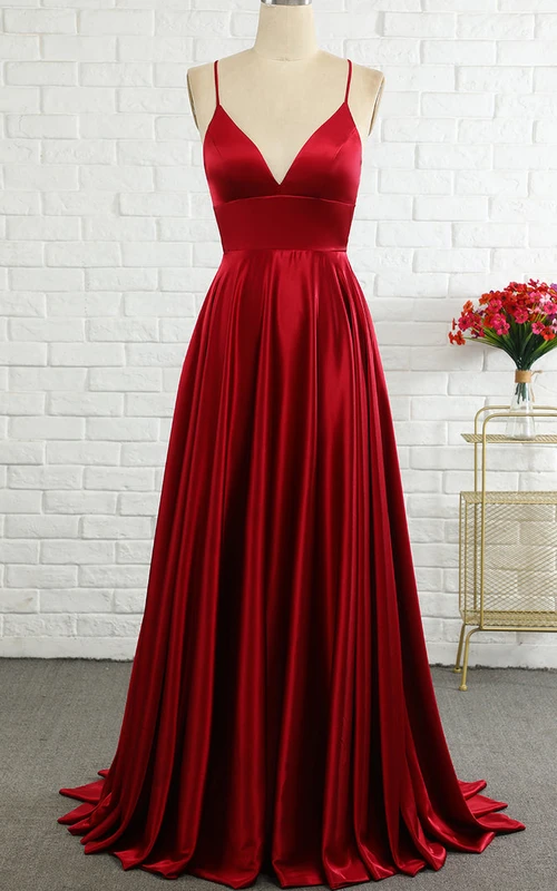 Romantic A Line Spaghetti Floor-length Sleeveless Satin Formal Dress with Pleats