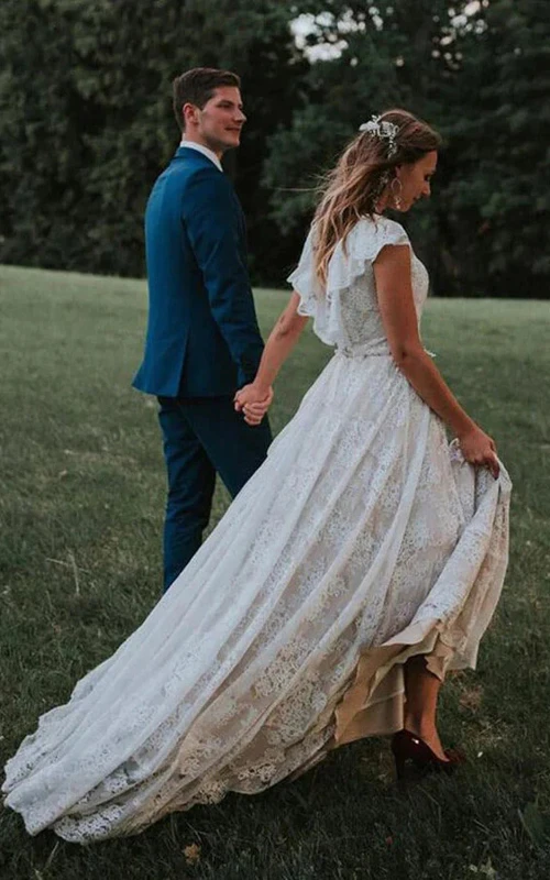 Bohemian Cap Scoop-neck Lace Sheath Sweep Train Wedding Dress