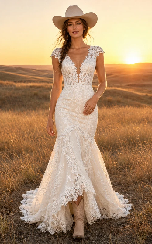 Western Rustic Cap Sleeve Lace Mermaid Wedding Dress