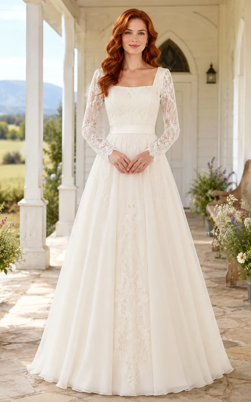 Country Square Neck Long Illusion Sleeve Lace A-Line Court Train Modest Wedding Dress