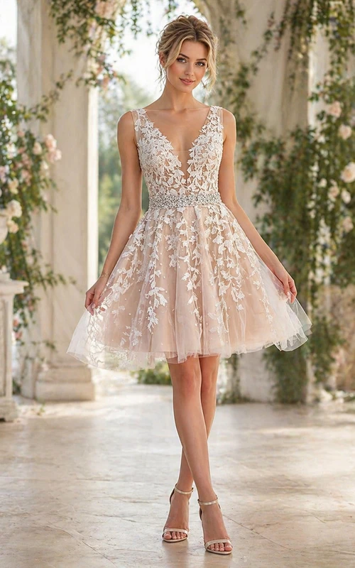 Plunged Beaded Pearl Pink Empire A-line Short Lace Prom Dress