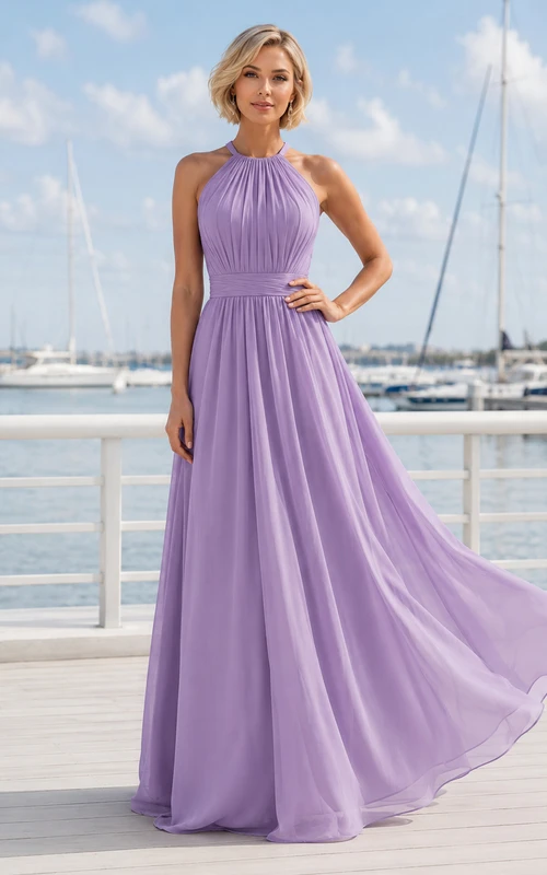 Lavender Coastal A-Line Chiffon Bridesmaid Dress with Sleeveless Halter High Neck Bodice, Pleated Floor-Length Skirt and Keyhole Strappy Back