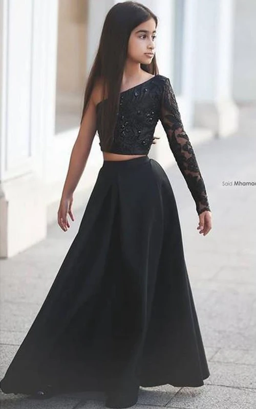 Sexy schwarzes zweiteiliges Spitzenkleid für Blumenmädchen, schwarz, einärmelig, A-Linie