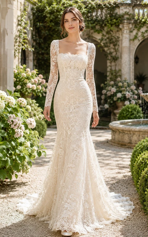 Square Neck Long Sleeve Lace Mermaid Garden Bridal Gown