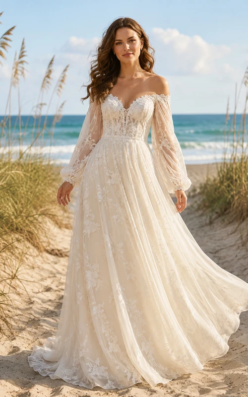 Off Shoulder Sheer Sleeve Beach A Line Bridal Gown