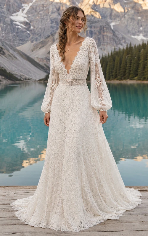 Boho Poet Sleeve Full Lace A-Line Alpine Destination Wedding Dress