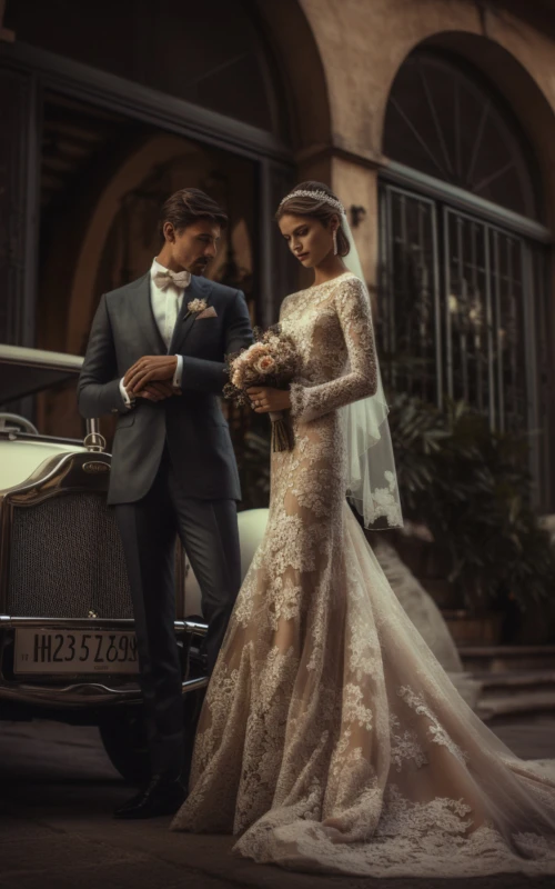 Vestido de novia vintage de encaje con escote barco y mangas largas