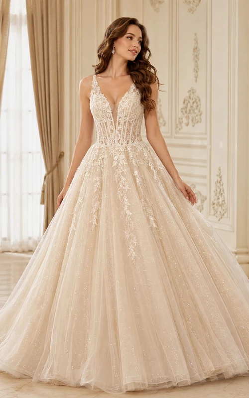 V Neck Lace Applique Tulle A Line Bridal Gown