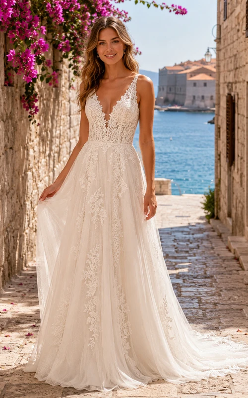 Boho Deep V Lace Strap A-Line Destination Outdoor Wedding Dress