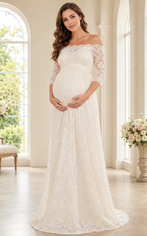 Elegant Maternity Off-Shoulder Three-Quarter Sleeve Lace Empire Wedding Maxi Gown