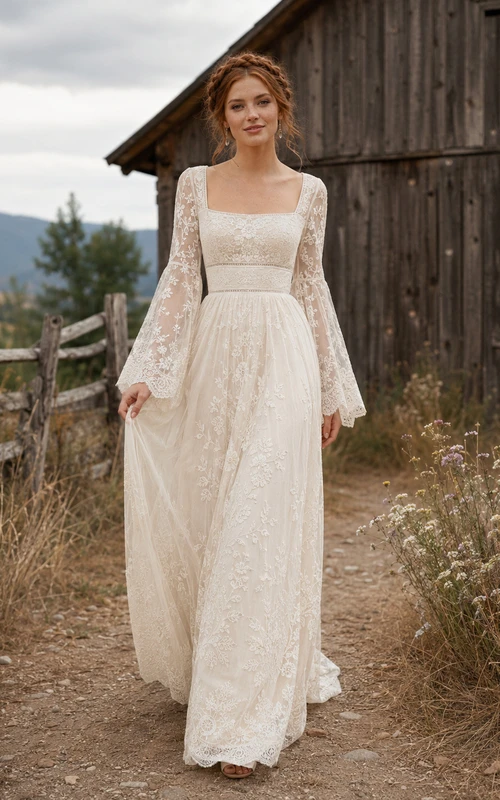 Square Neck Bell Sleeve Lace Country Wedding Dress