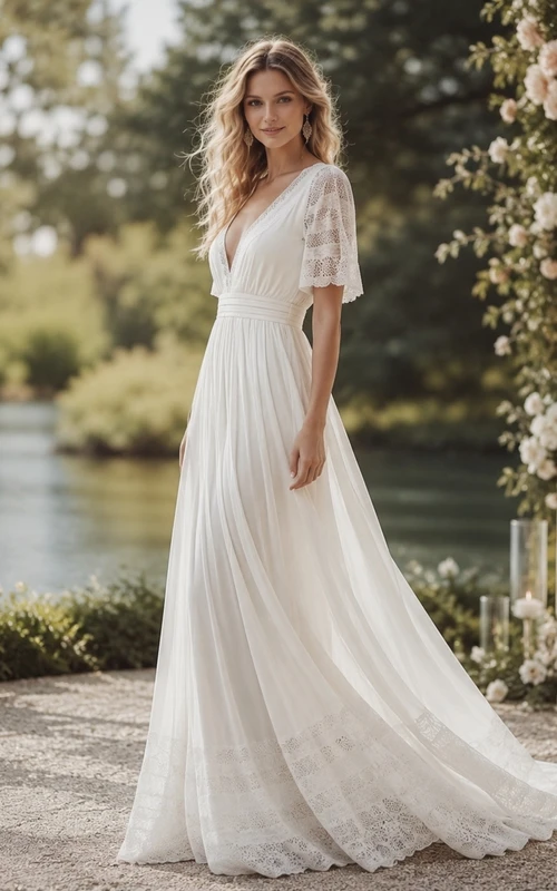 V-neck Half-sleeve Chiffon Simple Godness Wedding Dress