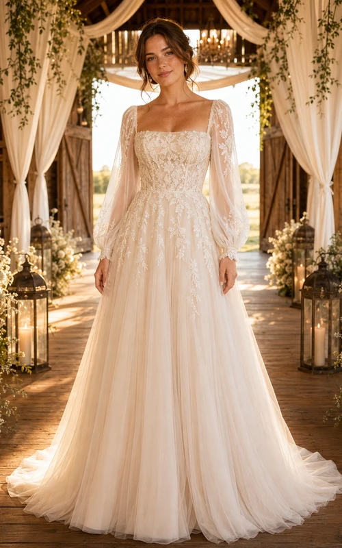 Square Neck Bishop Sleeve Barn A Line Bridal Gown