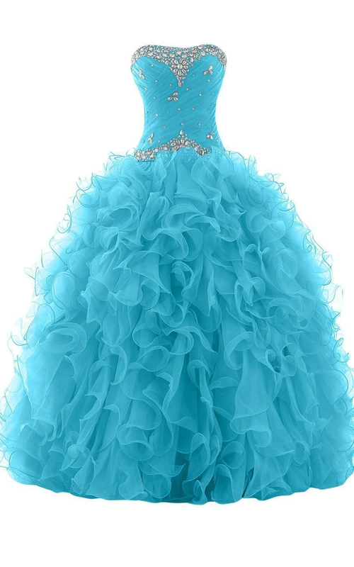 Robe de quinceañera bustier à fronces croisées, ornée de volants et de perles
