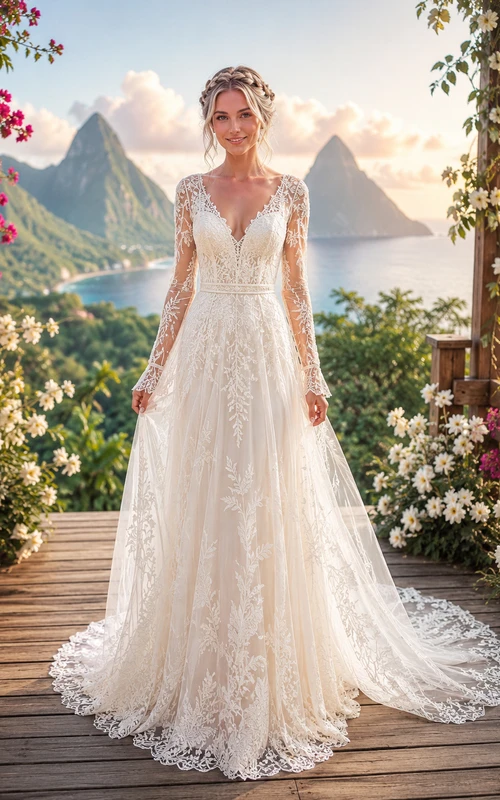 Long Sleeve V Neck Lace Tulle A-Line Chapel Train Mountain Wedding Gown