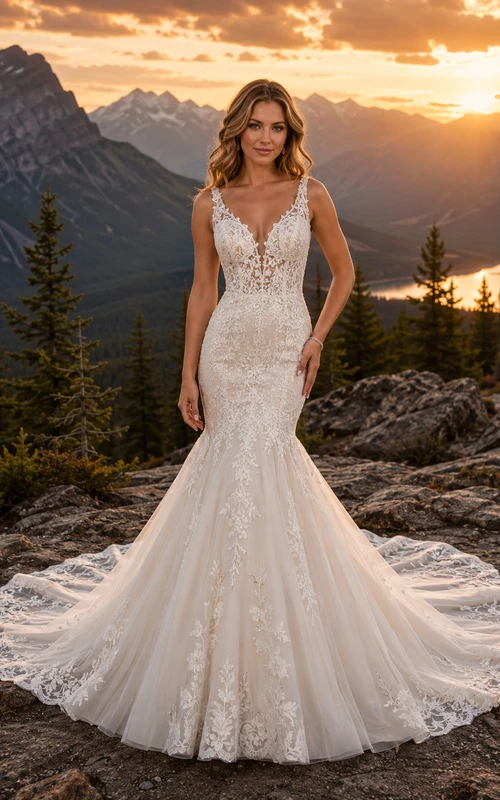 Floral Lace V Neck Mermaid Illusion Back Chapel Train Sunset Wedding Gown