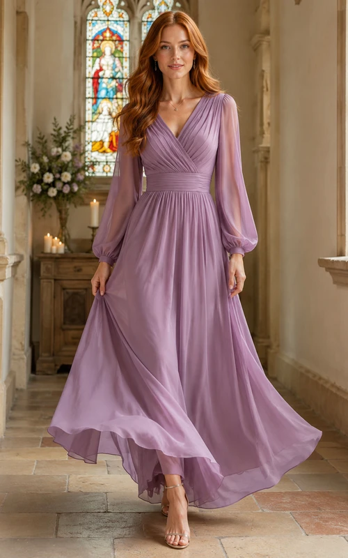 Chapel Wisteria V-Neck Chiffon A-Line Ankle-Length Long Sleeve Dress Modest