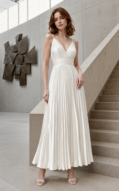 Spaghetti Strap Pleated Satin Tea Length Museum Elopement Dress