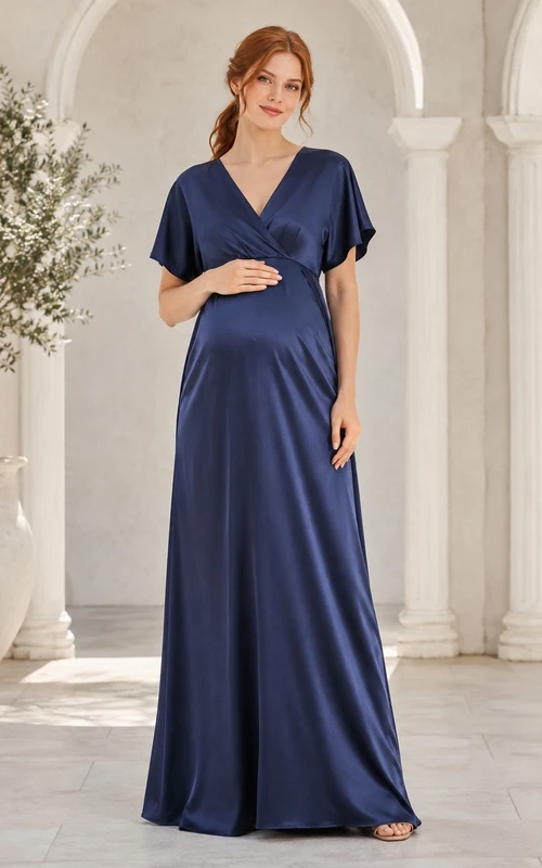 Dark Navy Tall Maternity V-Neck Short Sleeve Chiffon A-Line Dress