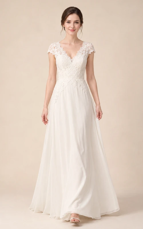 Affordable Cap Sleeve Lace V-Neck Chiffon Bridal Gown